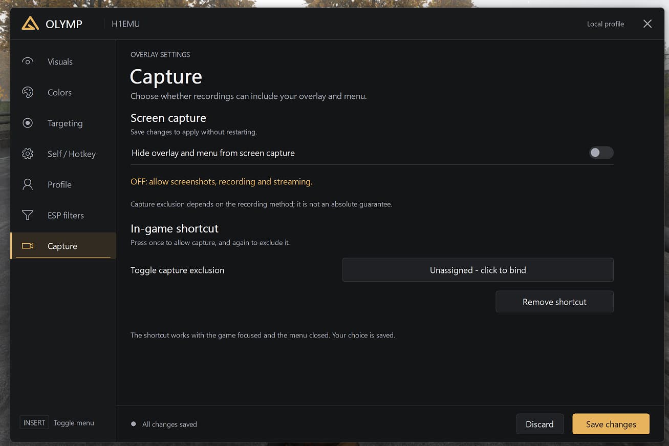 Olymp H1EMU Just Survive Capture settings menu