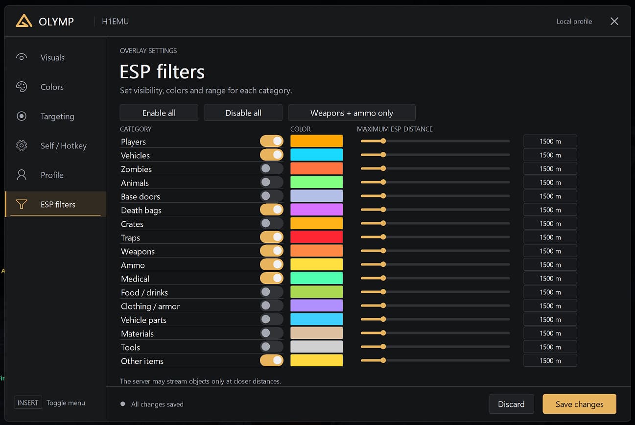 Olymp H1EMU Just Survive ESP filters settings menu