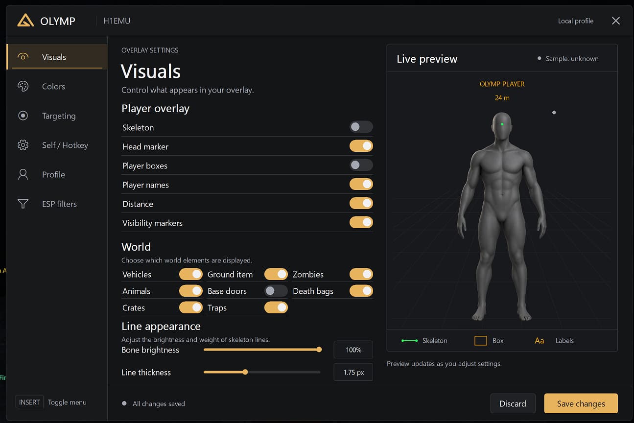 Olymp H1EMU Just Survive Visuals settings menu