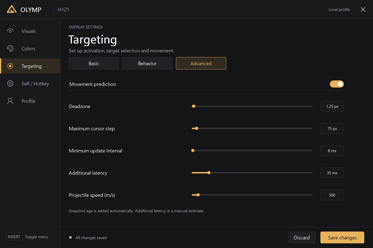 Olymp H1Z1 (ROTK) Advanced settings menu