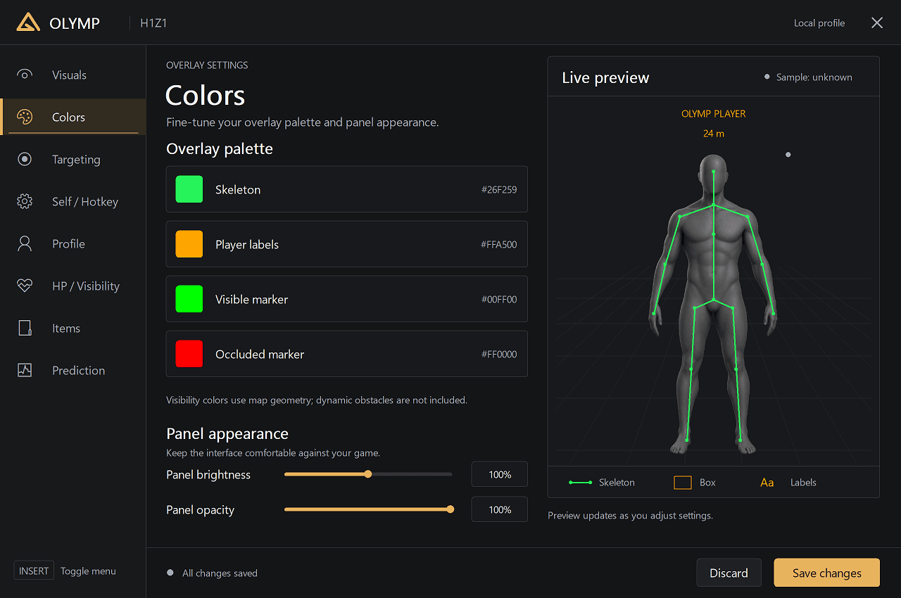 Olymp ROTK Internal Colors settings menu