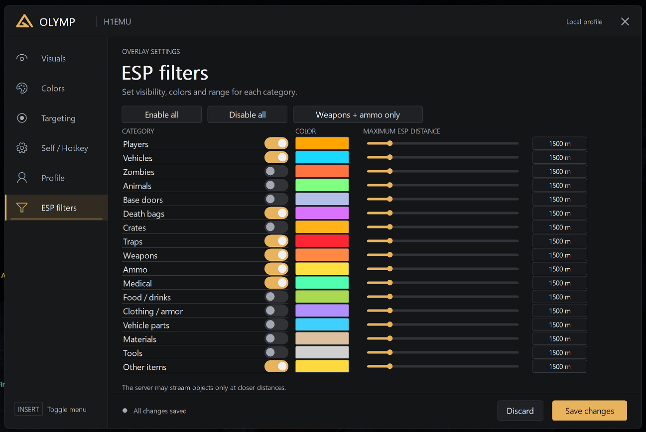 Olymp H1EMU Just Survive ESP filters settings menu, full view