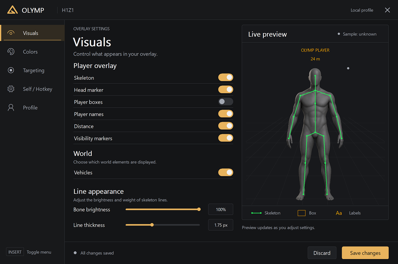 Olymp H1Z1 (ROTK) Visuals settings menu, full view
