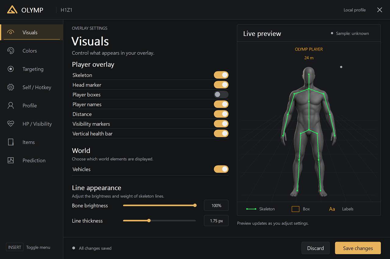 Olymp ROTK Internal Visuals settings menu, full view